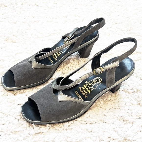 🆕 Hush Puppies suede leather open toe slingback block heels size 10 silver - Picture 2 of 8